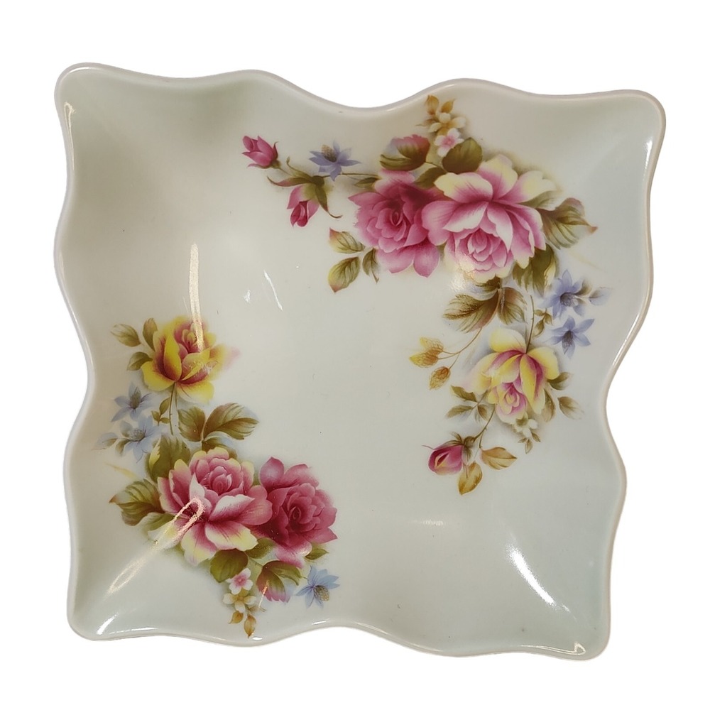Antique Limoges Candy‎ Dish France Porcelain Floral Rose Wavy Trinket Square 6in